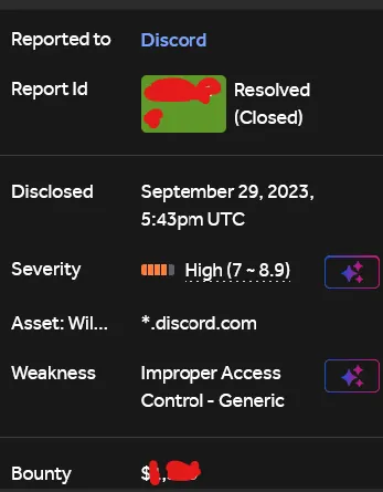 Closed HackerOne report summary showing High severity and Improper Access Control; the report ID and bounty are redacted.