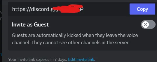 Discord's Invite as Guest dialog explaining that guests are removed after leaving the voice channel.