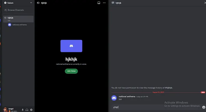 Discord test server showing the guest session outside the visible voice-member list while a channel message remains visible.
