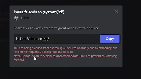 Discord invite dialog warning that API access is temporarily blocked after exceeding rate limits.