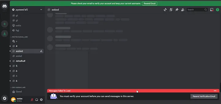 Discord client displaying a red Messages Failed to Load banner during the rate-limit test.