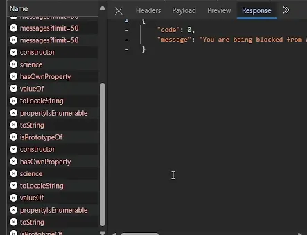 Browser developer tools showing requests named after JavaScript object methods and an API-block response.
