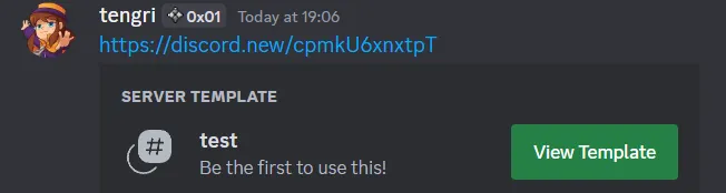 Discord message containing a discord.new server-template link and its rendered preview card.